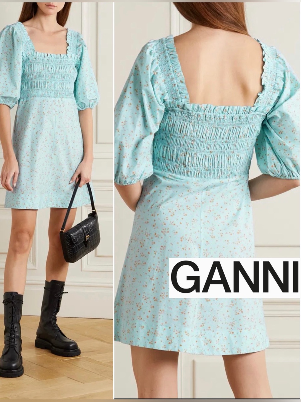 NWT GANNI Smocked Corydalis Blue Printed Poplin Mini Dress